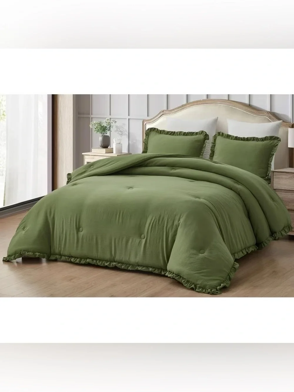 Olive Green Ruffled oversized queen 3 piece Comforter Set -